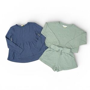 Rumi + Ryder Girls Size S Sage Rib Lounge Set + Blue Waffle Peplum Top Bundle